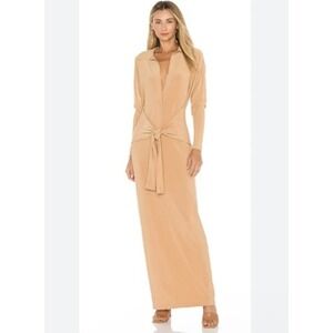 Norma Kamali Tie Front Shirt Dress Womens XS Beige Nude Collared Midi Belted